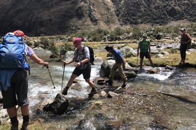 Group support from fellow trekkers on Huayhuash trek